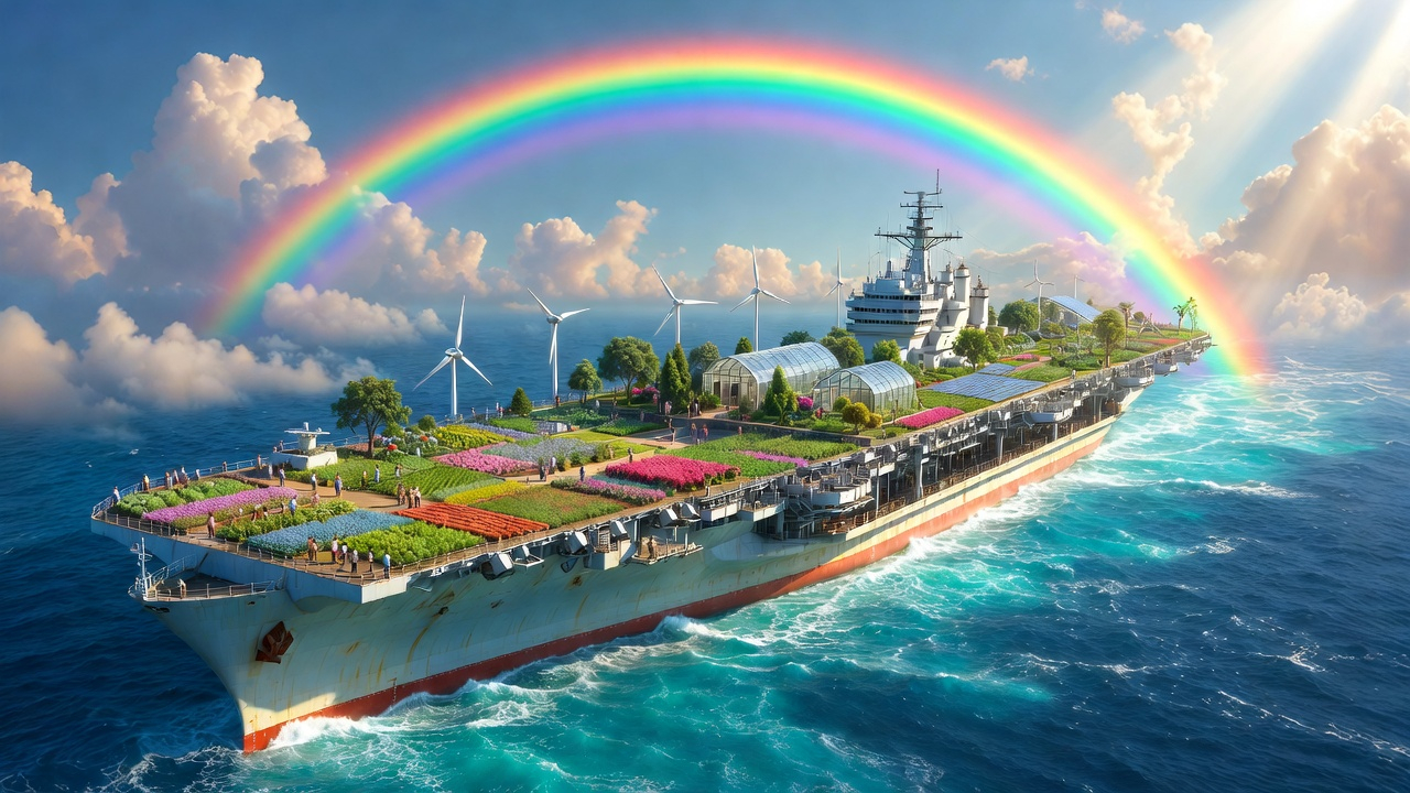 An aircraft carrier transformed into a floating garden